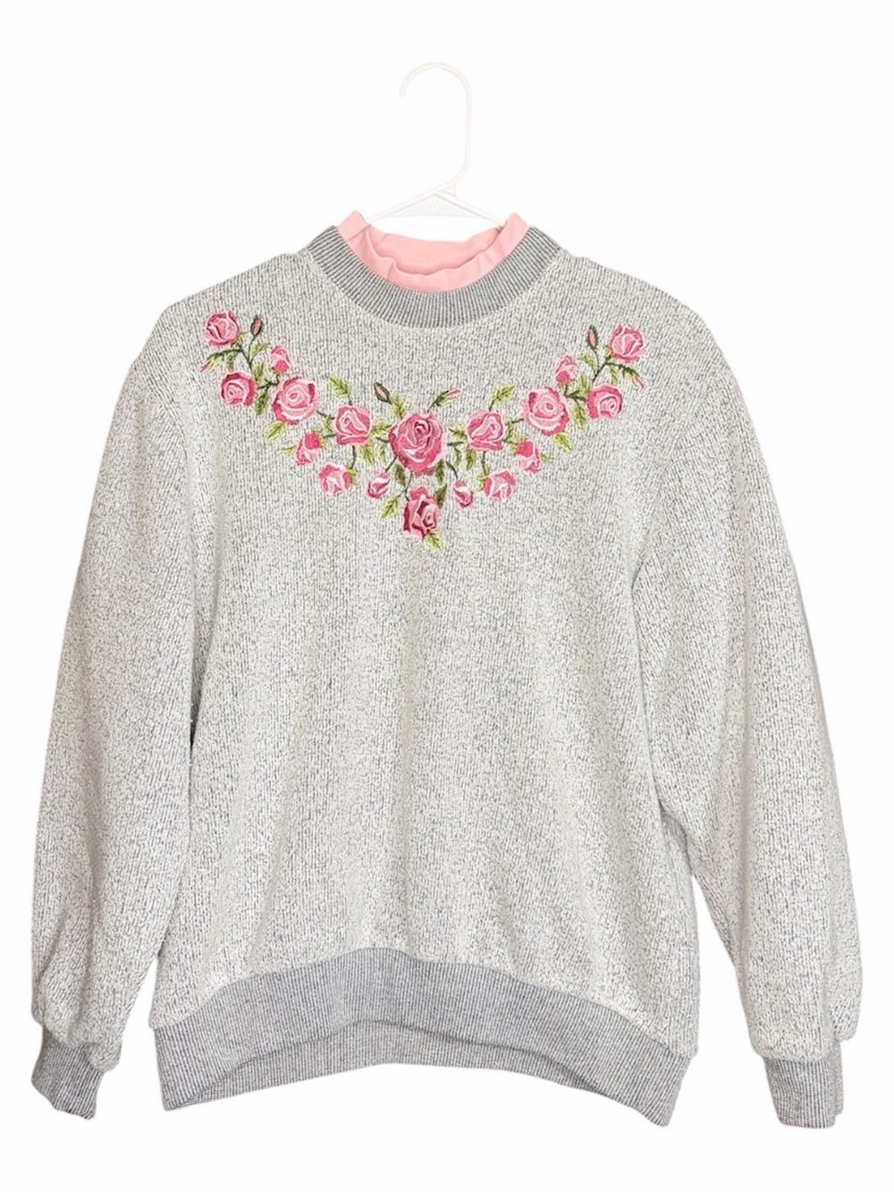 Vintage BonWorth Gray Knit Sweater with Pink Rose Embroidery
